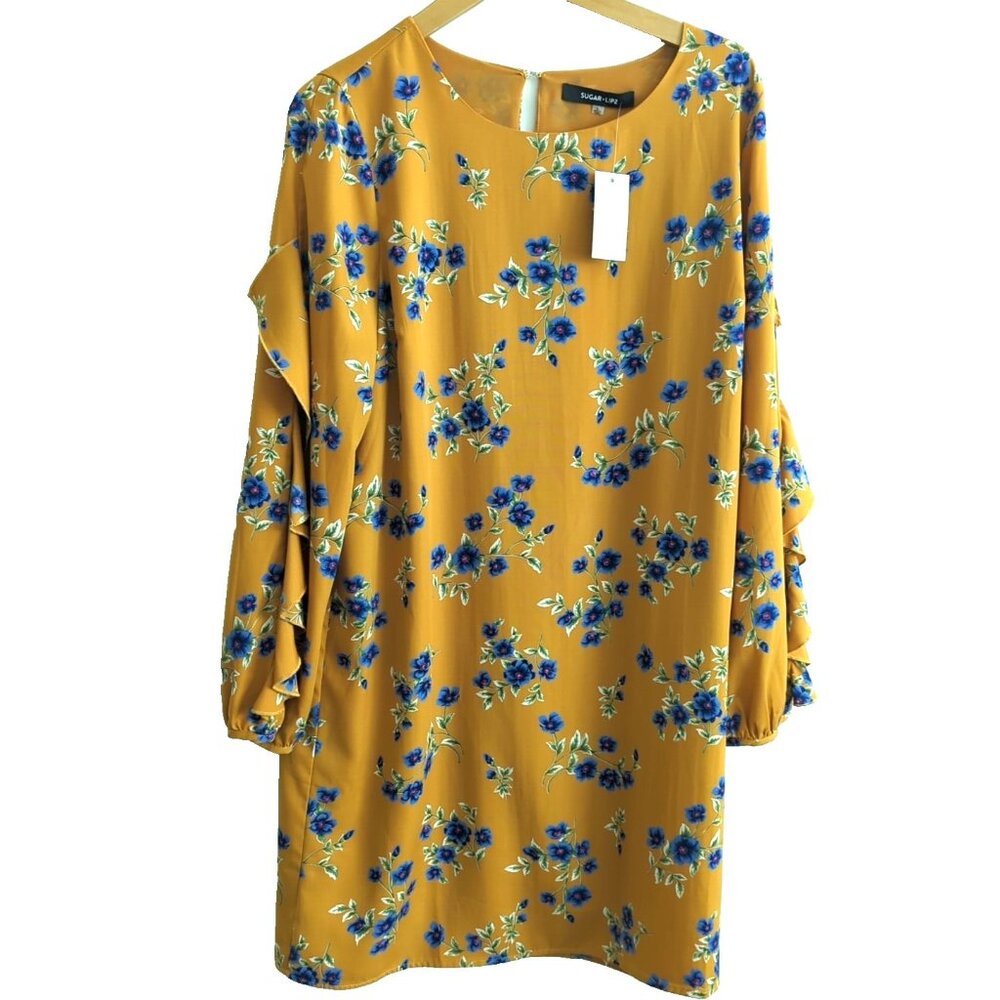 Sugar + Lip2 Lined Shift Dress Sz L Gold Blue Floral Ruffled Long Sleeves New-lp